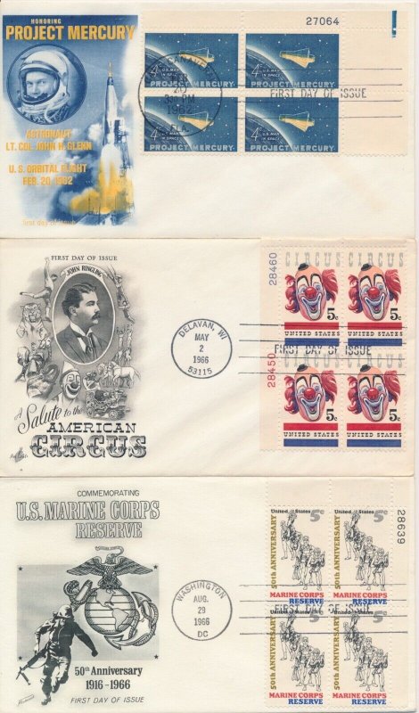 Lot of 4 1960's Plate Block of 4 Space, Circus, Marines cachet First Day covers