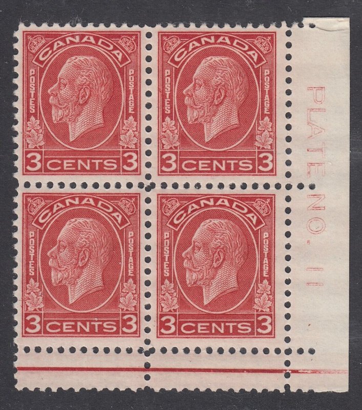 Canada #197 Mint Plate Block of 4, Plate No. 11 LR Unusual Perfed Margin