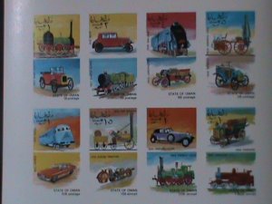 ​OMAN-FAMOUS CLASSIC ANTIQUE OLD CARS & TRAINS- IMPERF-MNH-SHEET-VF-EST $12