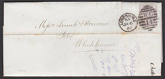 GB 1881 folded entire 1d GR & Co Perfin - WHITEHAVEN SORTING TENDER........29061