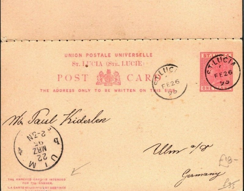 ST LUCIA QV Stationery Intact Reply Card Germany Ulm 1896 {samwells-covers}PB356