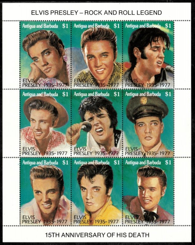 Antigua 1992 - Elvis Presley - Sheet of 9 Stamps - Scott #1602 - MNH