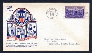 US 1938 3¢ Constitution Stamp FDC #835 Used CV $15