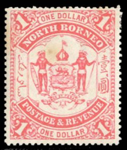 North Borneo #7 Cat$185, 1883 $1 red, hinged, some toning