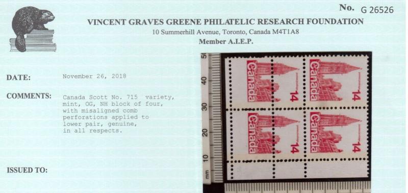 Canada #715 Never Hinged Mint Dramatic Misperf Variety Blk **With Certificate**