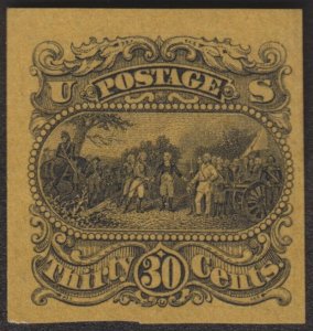 1869 30¢ ESSAY #121-EP XF ORANGE BUFF PLATE PROOF, SURFACE PRINTED $275+