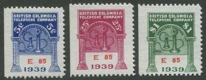CANADA REVENUE BCT127, BCT128, BCT129 BRITISH COLUMBIA TELEPHONE FRANKS 1939 SET