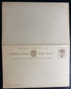 Mint Orange River Colony Postal Stationery Reply Postcard 1900 VRI Overprints