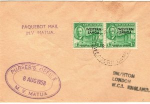 SAMOA KGVI PAQUEBOT Cover *MV Matua* Pursuer's Office Cachet 1958 PB269