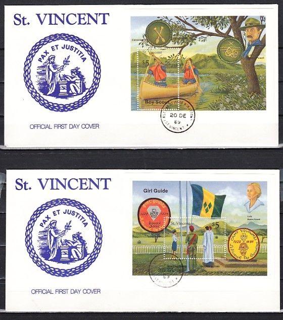 St. Vincent, Scott cat. 1286-1287. Scouting Anniv. s/sheets. 2 First day covers.