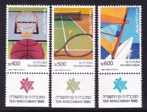 Israel 910-12 MNH w/tab 1985 12th Maccabiah Games Basketball, Tennis WindSurfing