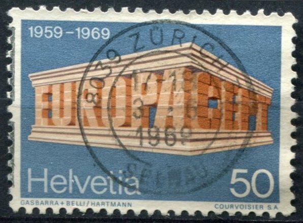 Switzerland Sc#501 Used, 50c gray bl & multi, Europa (C.E.P.T.) 1969 - Buildi...