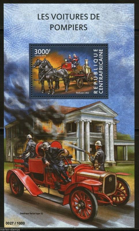 CENTRAL AFRICA  2015 FIRE TRUCKS SOUVENIR SHEET MINT NH