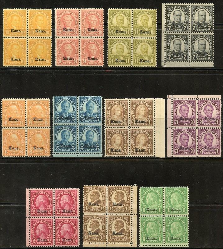 UNITED STATES SCOTT#658/68 KANSAS OVERPRINTS SET OF  BLOCKS OF FOUR MINT NH