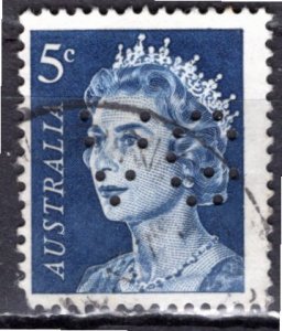 Australia 1966; Sc. # 399; Used Single Stamp w/Perfins