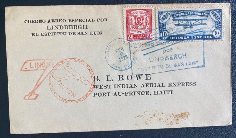 1928 Dominican Republic First Flight Cover To Port Au Prince Haiti Lindbergh Tou