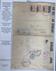 1918 La Paz Bolivia National Bank Censored Registered Cover To New York Usa