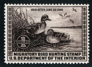 US Sc RW6 Chocolate $1.00 1939 Mint Never Hinged OG VF+ Centered Duck