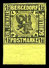 German States, Bergedorf #3, 1861 1 1/2s black on yellow, bottom sheet margin...