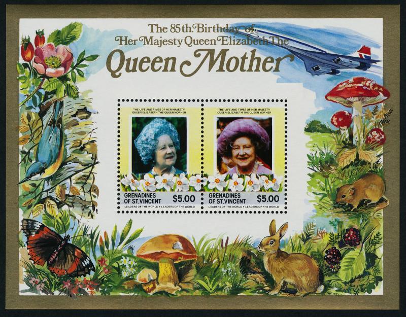 St Vincent Grenadines 500-500b MNH Queen Mother 85th Birthday, Flowers, Animals