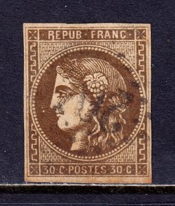FRANCE — SCOTT 46 — 1870 30c BROWN ON YELLOWISH CERES — USED — SCV $200