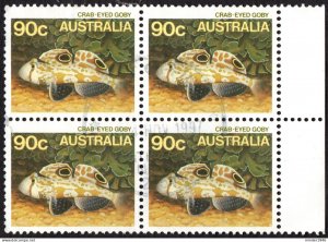 AUSTRALIA 1984 90c Block of 4, Marine Life-Crab-Eyed Goby Fish SG936 FU