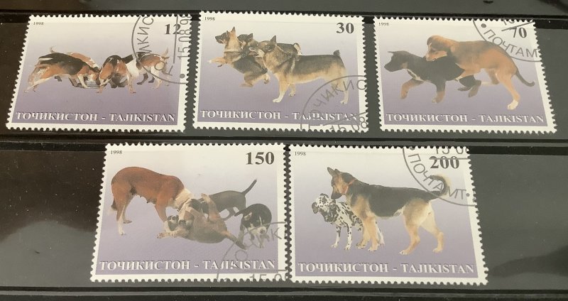 Tajikistan 1998 Scott unlisted, Cinderellas, set of 5 CTO -  dogs & puppies
