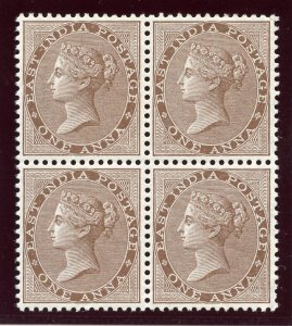 India 1865 QV 1a deep brown (White Gum) block of four MNH. SG 59. Sc 22.