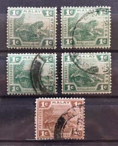 MALAYA Federated Malay States FMS 1908-19 Tiger 1c Shades/Varieties Used M2028