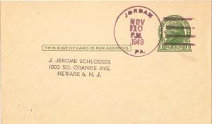 United States Pennsylvania Jordan 1949 4f-bar  1872-1955 Postal Card  Philate...