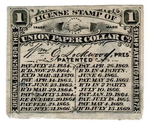 (I.B) US Cinderella : Union Paper Collar Co Licence Stamp 1c