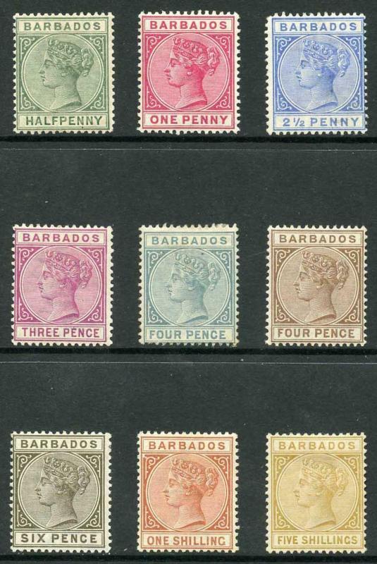 Barbados SG89/103 1882 Set of 9 M/Mint (4d grey hinge remainder)