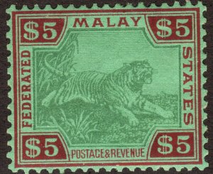 1934 Malaya $5.00 Tiger MMH Sc# 79 CV: $350.00 Wmk 4 sideways