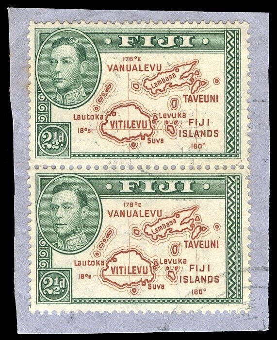 Fiji 1938 KGVI 2½d brown & green Die II P13½ EXTRA ISLAND var VFU. SG 256b,256ba