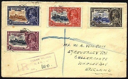 GILBERT & ELLICE IS 1935 Jubilee set on registered cover ex Ocean Is.......19840