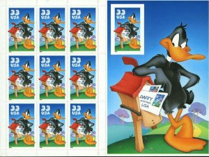 Daffy Duck Sheet of Ten Stamps with Imperforate 10th Stamp Error Scott 3307