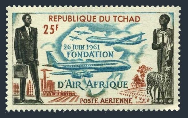 Chad C7,MNH.Michel 87. Air Africa 1962.Modern and Ancient Africa.Plane,Map,Sheep