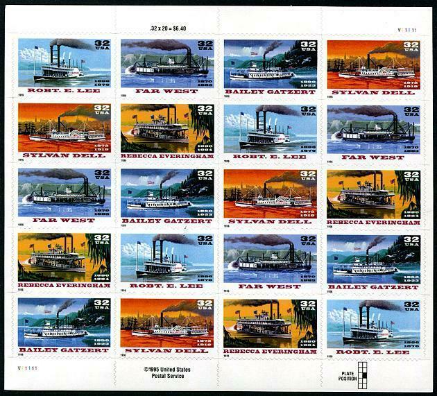 HERRICKSTAMP UNITED STATES Sc.# 3095B Riverboat Complete Sheet of 4 Strips NH