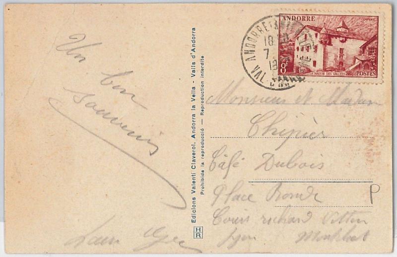 ANDORRA -  POSTAL HISTORY - POSTCARD to FRANCE  - 1949