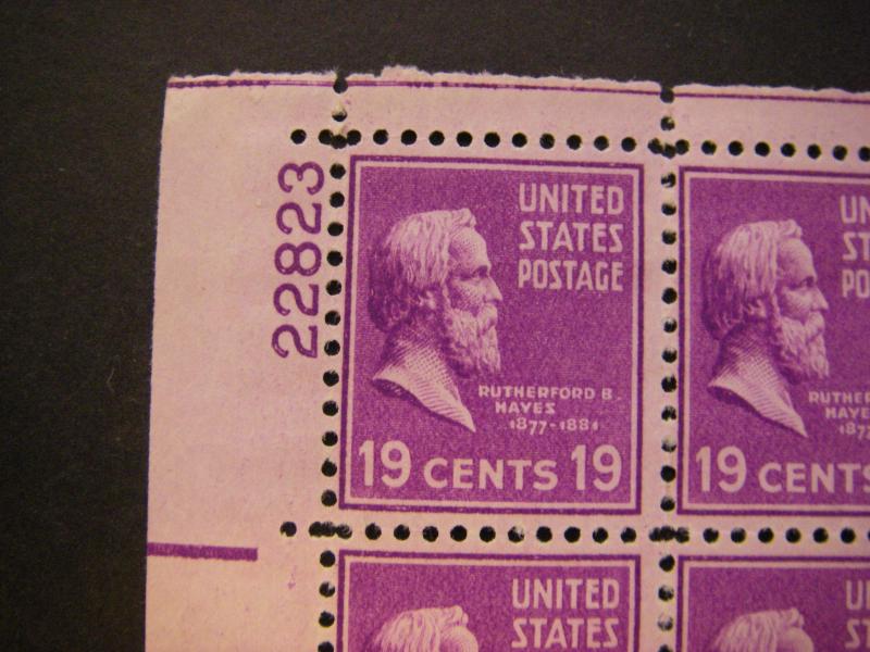 Scott 824, 19c Rutherford Hayes, PB4 #22823 x 4, Matched Set, MNH Prexie Beauty