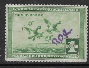 US #RW4 1937 $1 Federal Duck Stamp (U)light green  CV$65.00