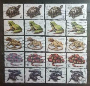 3814-3818 Reptiles & Amphibians Lot of 20 Used Stamps Frog Snake Turtle E3104