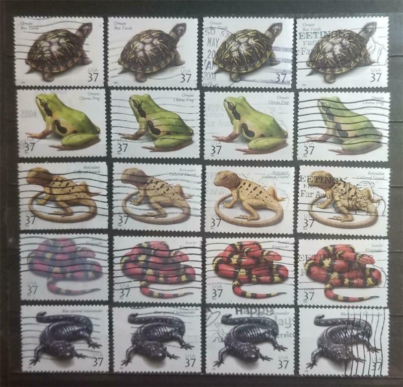 3814-3818 Reptiles & Amphibians Lot of 20 Used Stamps Frog Snake Turtle E3104