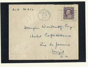 US 421 1914 on air mail cover to Brazil machine cancel Auburn NY Feb 10 1936