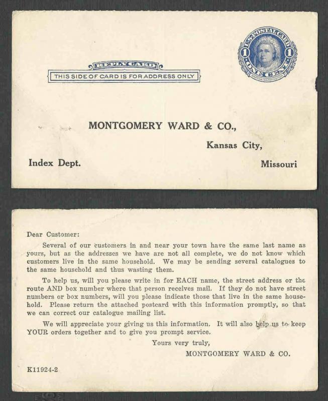 1924 PC KANSAS CITY MO MONTGOMERY WARD REQUEST ADDRESS INFO SEPERATED HALVES