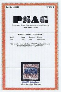 SC# 119 USED 15C LANDING OF COLUMBUS, 1869 BLUE REGISTRY CANCEL, 2019 PSAG CERT 