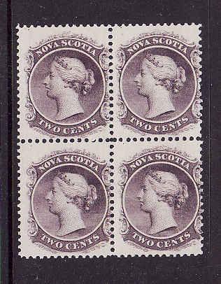 Nova Scotia #9-unused 3 stamps NH-2c lilac QV block of 4-