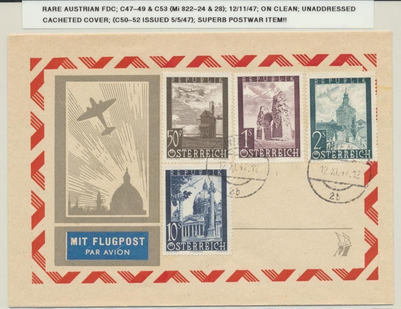 AUSTRIA 1947 RARE FIRST DAY COVER, 50g-10s AIRS Sc#C47-9/53 Mi#822-4/8(SEE BELOW