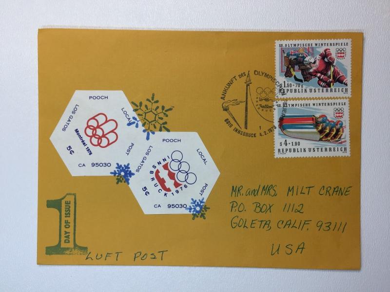 Austria FDC Pooch Local Post Innsbuck 1976 Winter Olympics Montreal B332 B334