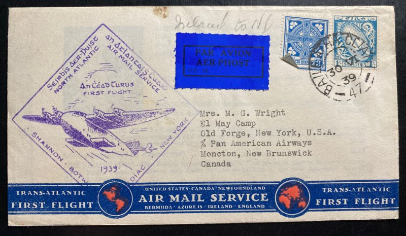 1939 Dublin Ireland First Flight Airmail Cover FFC To Moncton NB Canada Trans At